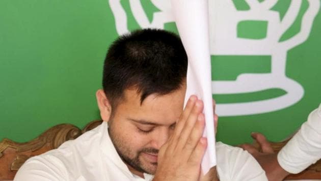 RJD leader Tejashwi Yadav attends the party legislators' meeting in Patna on Thursday.(PTI)