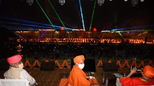 Uttar Pradesh CM Yogi Adityanath during Deepotsav celebrations on the eve of Diwali in Ayodhya on Friday. (HT Photo) Uttar Pradesh CM Yogi Adityanath during Deepotsav celebrations on the eve of Diwali in Ayodhya on Friday. (HT Photo)