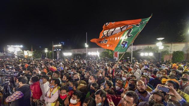 BJP workers attend Prime Minister Narendra Modi's address at party HQ, a day after National Democratic Alliance garnered majority in the Bihar assembly polls, New Delhi, November.12, 2020(PTI) BJP workers attend Prime Minister Narendra Modi's address at party HQ, a day after National Democratic Alliance garnered majority in the Bihar assembly polls, New Delhi, November.12, 2020(PTI)