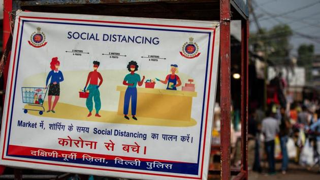 A Covid-19 safety awareness board displayed at Lajpat Nagar market in New Delhi on November 13. Delhi saw a surge in the number of cases over the fortnight, recording over 5,000 cases each day except on a Sunday, HT reported. (Prashanth Vishwanthan / Bloomberg) A Covid-19 safety awareness board displayed at Lajpat Nagar market in New Delhi on November 13. Delhi saw a surge in the number of cases over the fortnight, recording over 5,000 cases each day except on a Sunday, HT reported. (Prashanth Vishwanthan / Bloomberg)