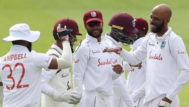 West Indies' Roston Chase celebrates with teammates.(REUTERS) West Indies' Roston Chase celebrates with teammates.(REUTERS)