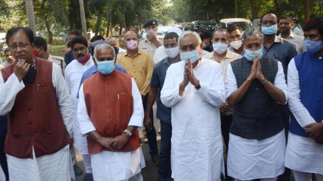 Nitish Kumar with NDA leaders ahead of the alliance’s meeting.(Santosh Kumar/HT Photo)