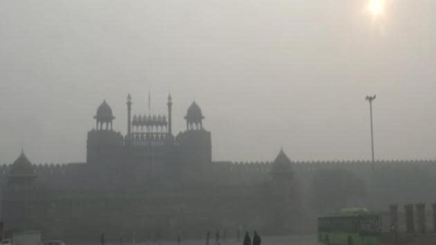 A hazy view of Red fort with reduced visibility as air quality deteriorates, in Delh.(ANI)