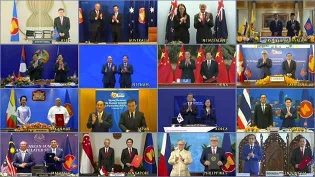 This image made from a teleconference provided by the Vietnam News Agency shows the leaders and trade ministers of the RCEP countries posing for a virtual group photo.(AP/ FILE)