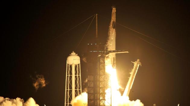 Sunday’s launch follows by just a few months SpaceX’s two-pilot test flight. It kicks off what NASA hopes will be a long series of crew rotations between the US and the space station, after years of delay.(Reuters)