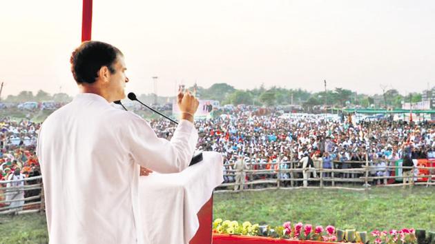 Congress leader Rahul Gandhi at an election rally in Bihar’s Darbhanga last month.(PTI)