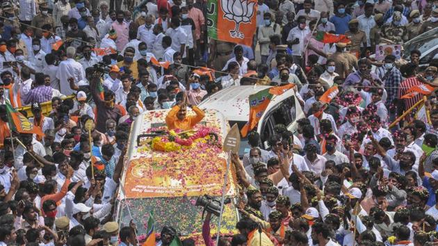 Tamil Nadu BJP President L Murugan during party's 'Vetrivel Yatra' from Vadivudaiyamman temple in Thiruvottiyur, in Chennai on November 8. Murugan, several other leaders and supporters were arrested on Friday at Tiruttani, when he was about to launch the yatra without permission after the government banned it in the wake of coronavirus pandemic. (PTI) Tamil Nadu BJP President L Murugan during party's 'Vetrivel Yatra' from Vadivudaiyamman temple in Thiruvottiyur, in Chennai on November 8. Murugan, several other leaders and supporters were arrested on Friday at Tiruttani, when he was about to launch the yatra without permission after the government banned it in the wake of coronavirus pandemic. (PTI)