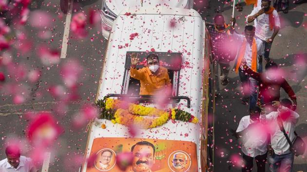 Tamil Nadu BJP president L Murugan along with party workers in Vetrivel Yatra, at the Vadivudaiyamman temple in Chennai on November 8. (PTI) Tamil Nadu BJP president L Murugan along with party workers in Vetrivel Yatra, at the Vadivudaiyamman temple in Chennai on November 8. (PTI)