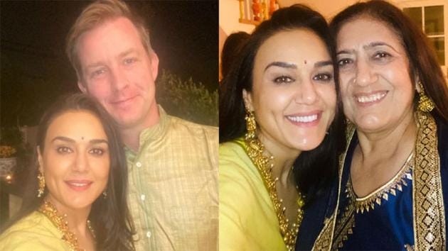 Preity Zinta with husband and mother on Diwali.