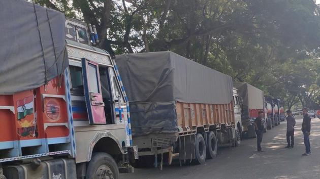 Trucks on way to Nagaland stranded in Karbi Anglong in Assam on Tuesday due to the economic blockade. (Photo: Karbi Anglong Today) Trucks on way to Nagaland stranded in Karbi Anglong in Assam on Tuesday due to the economic blockade. (Photo: Karbi Anglong Today)