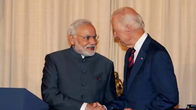 Prime minister Narendra Modi greets the then US vice president Joe Biden in Washington DC. Joe Biden has been elected as the 46th President of the United States. (PTI Archive)(File photo)