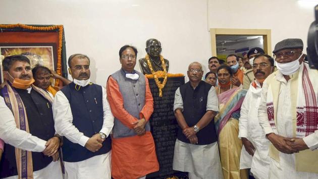 Bihar BJP president Sanjay Jaiswal with Deputy CMs Tarkishor Prasad and Renu Devi, Cabinet minister Mangal Pandey and other leaders at the party office in Patna on November 17.(PTI) Bihar BJP president Sanjay Jaiswal with Deputy CMs Tarkishor Prasad and Renu Devi, Cabinet minister Mangal Pandey and other leaders at the party office in Patna on November 17.(PTI)