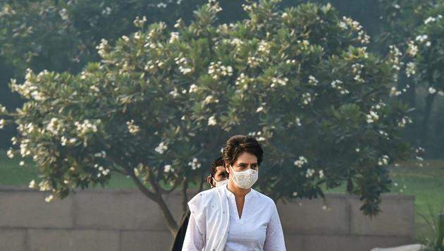 Congress leader Priyanka Gandhi Vadra arrives to pay tribute to her grandmother and former Prime Minister Indira Gandhi on her 36th death anniversary, at Shakti Sthal in New Delhi, Saturday, Oct. 31, 2020. (PTI Photo/ Manvender Vashist) Congress leader Priyanka Gandhi Vadra arrives to pay tribute to her grandmother and former Prime Minister Indira Gandhi on her 36th death anniversary, at Shakti Sthal in New Delhi, Saturday, Oct. 31, 2020. (PTI Photo/ Manvender Vashist)