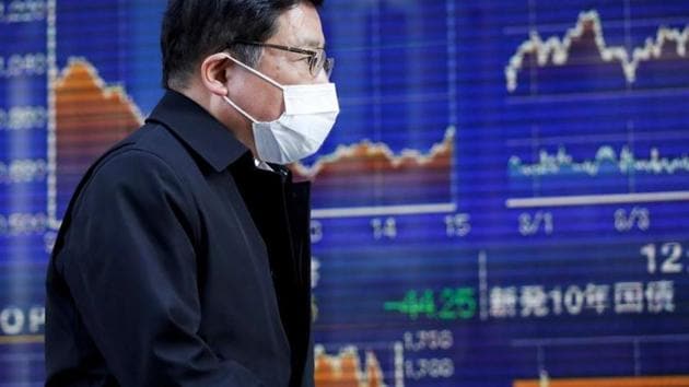 A passerby wearing a protective face mask walks past an electronic board showing the graphs of the recent movements of Japan's Nikkei share average outside a brokerage in Tokyo, Japan.(Reuters) A passerby wearing a protective face mask walks past an electronic board showing the graphs of the recent movements of Japan's Nikkei share average outside a brokerage in Tokyo, Japan.(Reuters)