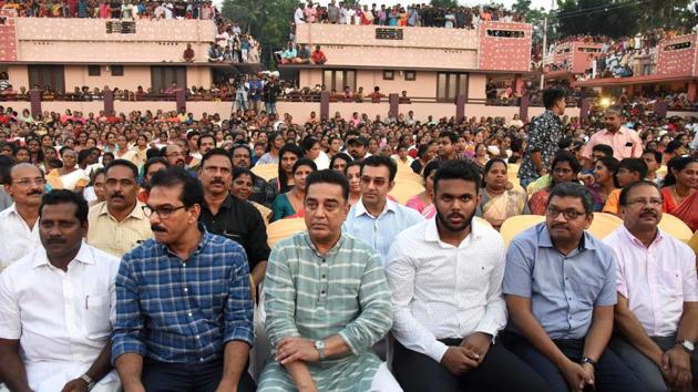 Actor-turned politician Kamal Haasan is seen with non profit organization Twenty20's chief coordinator Sabu M George at a function for handing over the keys of 37 houses, rebuilt by Twenty20 at Najarallur in Kizhakkambalam panchayat, Kochi, in 2018. (PTI Photo/File) Actor-turned politician Kamal Haasan is seen with non profit organization Twenty20's chief coordinator Sabu M George at a function for handing over the keys of 37 houses, rebuilt by Twenty20 at Najarallur in Kizhakkambalam panchayat, Kochi, in 2018. (PTI Photo/File)