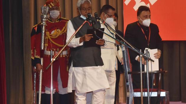Nitish Kumar taking oath as Bihar CM at Raj Bhawan, in Patna on Monday, November 16 2020 (Photo by Parwaz Khan / Hindustan Times) Nitish Kumar taking oath as Bihar CM at Raj Bhawan, in Patna on Monday, November 16 2020 (Photo by Parwaz Khan / Hindustan Times)
