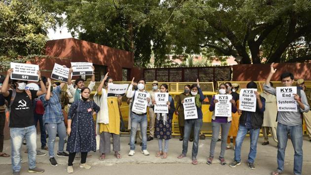 Protests outside the LSR campus after a student of the college died by suicide earlier this month. (Vipin Kumar/HT Photo) Protests outside the LSR campus after a student of the college died by suicide earlier this month. (Vipin Kumar/HT Photo)