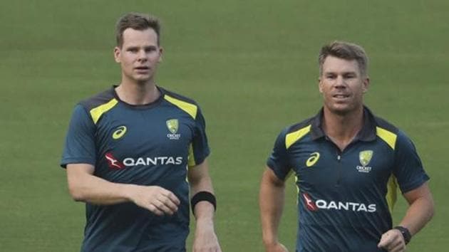 Australia's Steve Smith, left, and David Warner attend a training session.(AP)