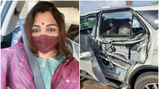 Khushbu Sundar, who recently joined the BJP, shared pictures of her badly damaged car.