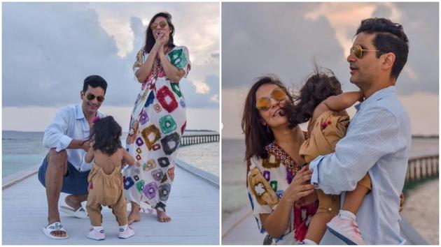 Neha Dhupia, Angad Bedi and daughter Mehr in Maldives. Neha Dhupia, Angad Bedi and daughter Mehr in Maldives.
