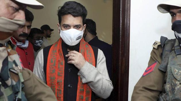 BJP’s Jammu & Kashmir DDC election in-charge and minister of state for finance Anurag Thakur arrives at the party office in Jammu on November 18. (PTI) BJP’s Jammu & Kashmir DDC election in-charge and minister of state for finance Anurag Thakur arrives at the party office in Jammu on November 18. (PTI)