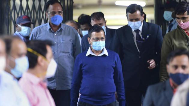 Delhi Chief Minister Arvind Kejriwal during his visit to GTB Hospital to meet Covid-19 patients, in New Delhi. (PTI) Delhi Chief Minister Arvind Kejriwal during his visit to GTB Hospital to meet Covid-19 patients, in New Delhi. (PTI)