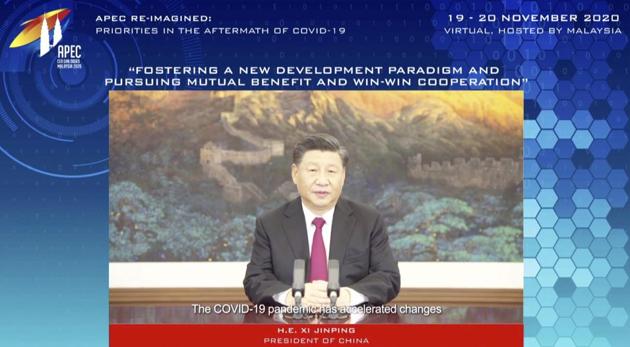 In this image from video released by APEC CEO Dialogues Malaysia 2020, China's President Xi Jinping, speaks at a CEO Dialogue forum via video link, ahead of the Asia-Pacific Economic Cooperation (APEC) leaders' summit, hosted by Malaysia, in Kuala Lumpur, Malaysia, Thursday, Nov. 19, 2020. (APEC CEO Dialogues Malaysia 2020 via AP) In this image from video released by APEC CEO Dialogues Malaysia 2020, China's President Xi Jinping, speaks at a CEO Dialogue forum via video link, ahead of the Asia-Pacific Economic Cooperation (APEC) leaders' summit, hosted by Malaysia, in Kuala Lumpur, Malaysia, Thursday, Nov. 19, 2020. (APEC CEO Dialogues Malaysia 2020 via AP)