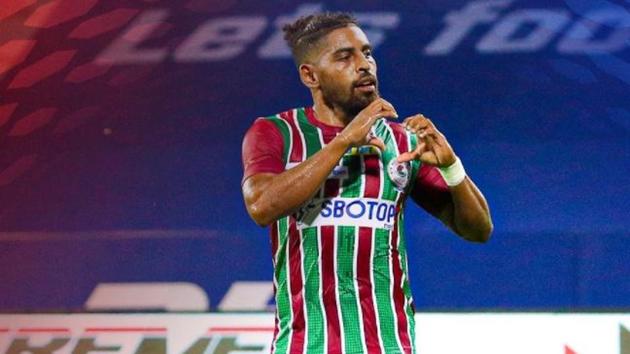 ATK Mohun Bagan’s Roy Krishna celebrates after scoring against Kerala Blasters.(Twitter/ISL)