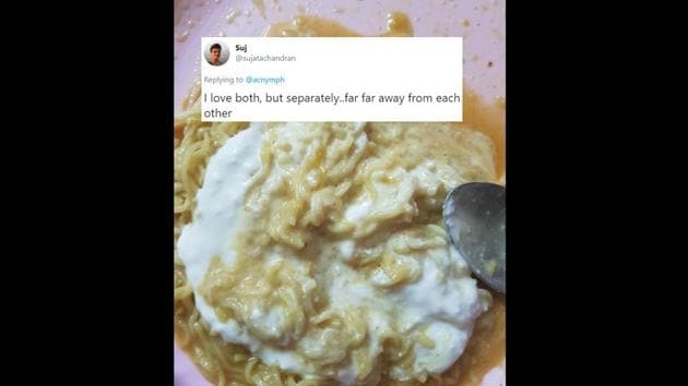 A Twitter user posted this image of how she likes her Maggi - with a portion of curd mixed in it.(Twitter/@acnymph)