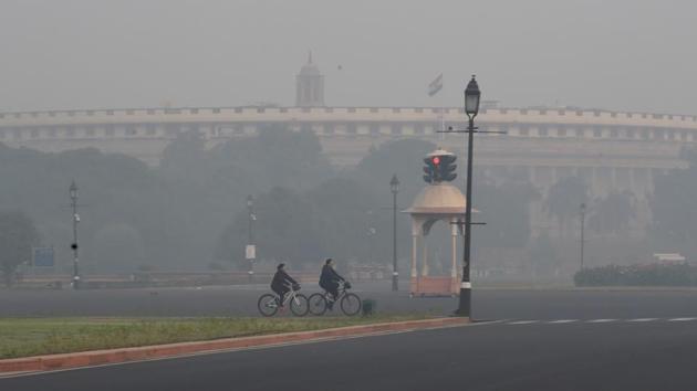 Parliament building engulfed in smog post Diwali celebrations, in New Delhi on November 15.(File photo)