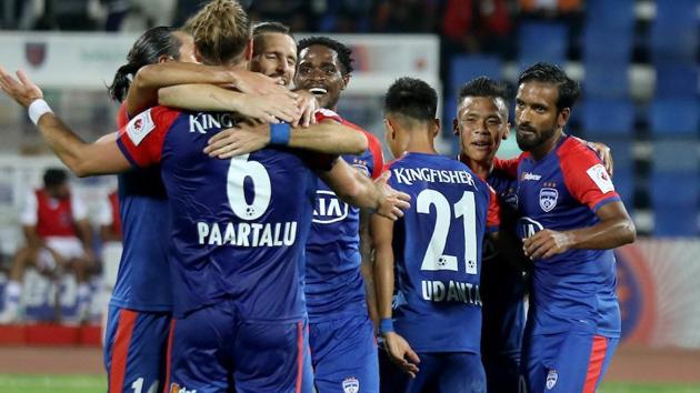 Bengaluru FC team team celebrates after the goal during match 64 of the Indian Super League ( ISL ) between Bengaluru FC and Odisha FC held at the Sree Kanteerava Stadium, Bengaluru, India on the 22nd January 2020.(SPORTZPICS for ISL)