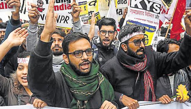 Activist and former JNU student leader Umar Khalid along with students and supporters protest against Citizenship Amendment Act (CAA).(Biplov Bhuyan/HT PHOTO) Activist and former JNU student leader Umar Khalid along with students and supporters protest against Citizenship Amendment Act (CAA).(Biplov Bhuyan/HT PHOTO)