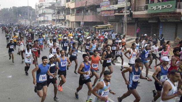Participants run during 34th All India Prize Money Indira Marathon organised to mark the birth anniversary of late Indira Gandhi, in Prayagraj, in 2018. (PTI File) Participants run during 34th All India Prize Money Indira Marathon organised to mark the birth anniversary of late Indira Gandhi, in Prayagraj, in 2018. (PTI File)