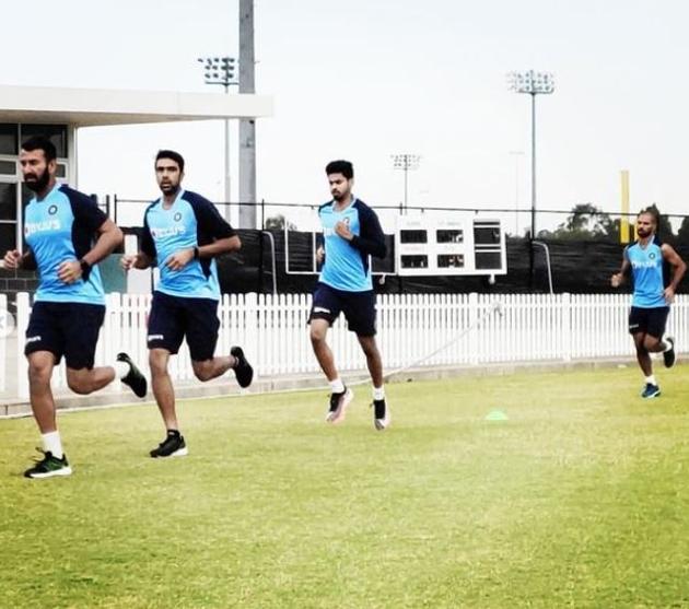 Cheteshwar Pujara, R Ashwin, Shreyas Iyer and Shikhar Dhawan at India’s practice session (bcci/instagram)