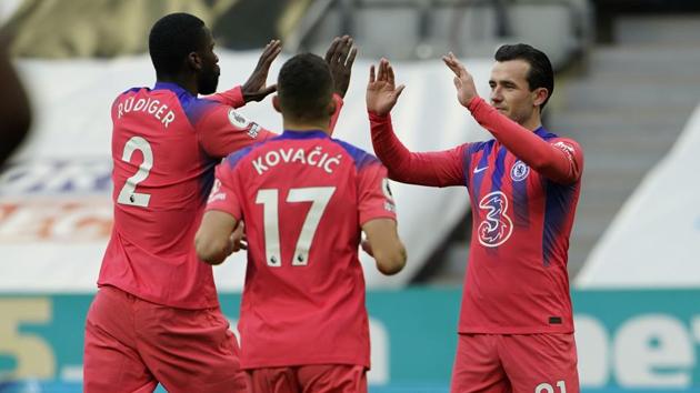 Chelsea players celebrate after Newcastle's Federico Fernandez scored own goal during the English Premier League soccer match between Newcastle United v Chelsea at the St. James' Park in Newcastle, England, Saturday, Nov. 21, 2020. (Owen Humphreys/Pool via AP) (AP) Chelsea players celebrate after Newcastle's Federico Fernandez scored own goal during the English Premier League soccer match between Newcastle United v Chelsea at the St. James' Park in Newcastle, England, Saturday, Nov. 21, 2020. (Owen Humphreys/Pool via AP) (AP)
