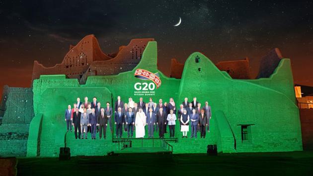Family Photo composite for the annual G20 Leaders' Summit is projected onto Salwa Palace in At-Turaif, one of the country's UNESCO World Heritage sites, in Diriyah, Saudi Arabia, November 20, 2020. (VIA REUTERS) Family Photo composite for the annual G20 Leaders' Summit is projected onto Salwa Palace in At-Turaif, one of the country's UNESCO World Heritage sites, in Diriyah, Saudi Arabia, November 20, 2020. (VIA REUTERS)