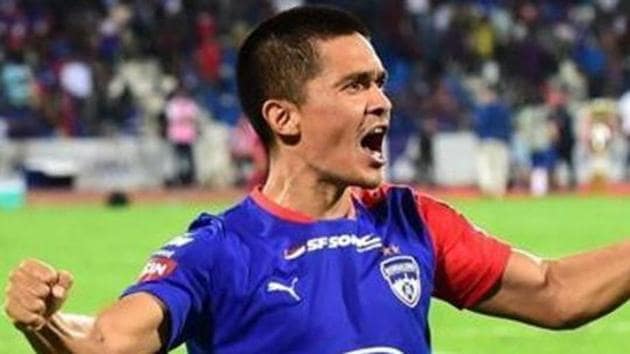 Bengaluru FC Sunil Chhetri celebrates after winning against North East United FC during the I Indian Super League (ISL) semi-final second leg match at Kanteerava Stadium, in Bengaluru. (PTI) Bengaluru FC Sunil Chhetri celebrates after winning against North East United FC during the I Indian Super League (ISL) semi-final second leg match at Kanteerava Stadium, in Bengaluru. (PTI)