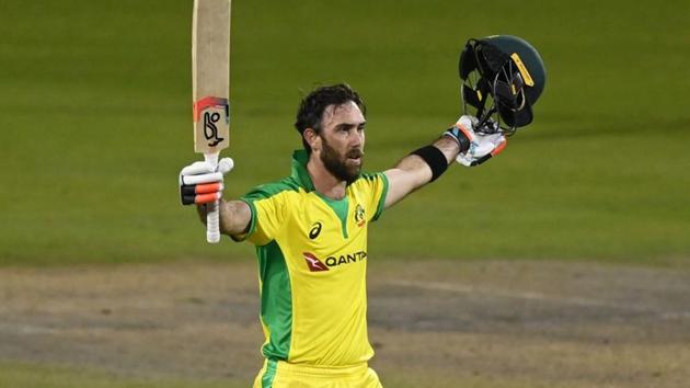 Australia's Glenn Maxwell celebrates his century.(Pool via REUTERS)