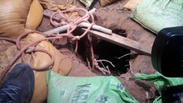 Trans-border tunnel detected in Jammu’s Samba sector on Sunday. Sand bags had Karachi markings. (Sourced Photo) Trans-border tunnel detected in Jammu’s Samba sector on Sunday. Sand bags had Karachi markings. (Sourced Photo)