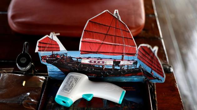Infrared thermometer is seen on the traditional wooden tourist junk boat "Dukling", during the COVID-19 pandemic, in Hong Kong. (REUTERS) Infrared thermometer is seen on the traditional wooden tourist junk boat "Dukling", during the COVID-19 pandemic, in Hong Kong. (REUTERS)