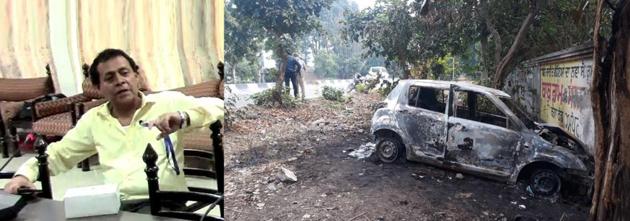 Accused Rajiv Sunda, 60, who killed his wife, son, daughter-in-law and grandson before fleeing in his Maruti Swift car (right) in Ludhiana on Tuesday morning. The car was found burnt and abandoned along Humbran Road, 4km from his house in Mayur Vihar.(HT Photos)
