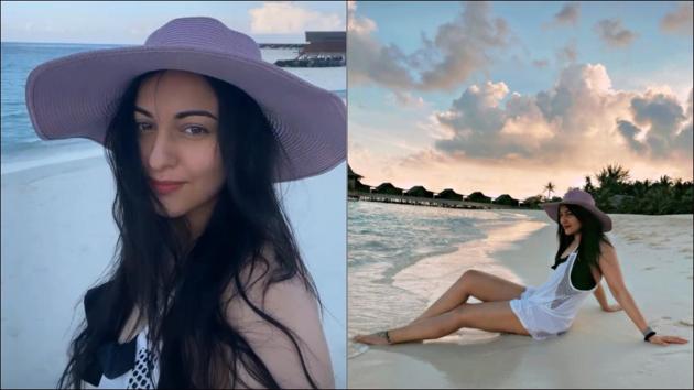 Sonakshi Sinha soaks in the Maldives sun in a lacy swimsuit-lavender floppy hat