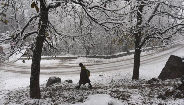 A man walking along a road during snowfall on the outskirts of Srinagar.(Waseem Andrabi/HT PHOTO) A man walking along a road during snowfall on the outskirts of Srinagar.(Waseem Andrabi/HT PHOTO)