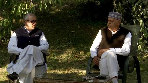 National Conference (NC) president Farooq Abdullah interacts with son and National Conference's vice president Omar Abdullah during an all-party meeting in Srinagar.(ANI/ File photo) National Conference (NC) president Farooq Abdullah interacts with son and National Conference's vice president Omar Abdullah during an all-party meeting in Srinagar.(ANI/ File photo)