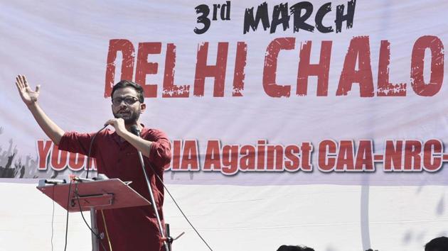 New Delhi, India - March 3, 2020: Former JNU student Umar Khalid addresses the audience during ‘Young India March,’ a protest march against Citizenship Amendment Act (CAA) and the recent communal violence in the national capital, at Jantar Mantar, in New Delhi, India, on Tuesday, March 3, 2020.(Photo by Vipin Kumar/HT PHOTO)