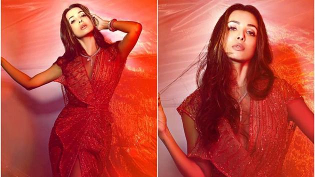 Malaika Arora looking stunning the coral creation by Ziad Nakad(Instagram) Malaika Arora looking stunning the coral creation by Ziad Nakad(Instagram)