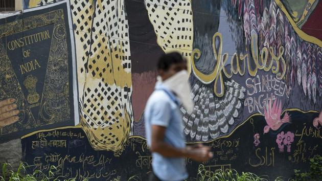 Graffitis are seen at now dismantled anti CAA, NRC and NPR protest site in Shaheen Bagh, New Delhi.(Biplov Bhuyan/HT PHOTO)