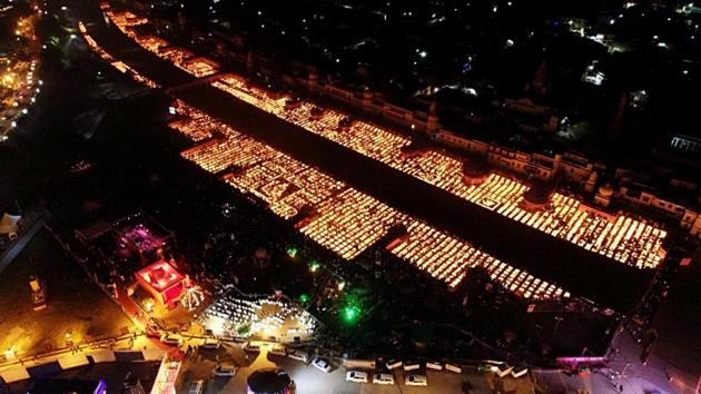 An aerial view of Ayodhya decorated with earthen lamps on the occasion of Diwali.(ANI File)