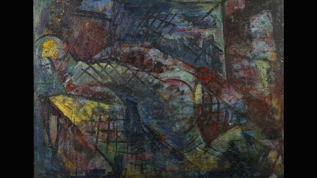Lady in Repose, circa 1950. A female figure reclines, sensuous and unselfconscious, her back to the viewer. The model, critic Ranjit Hoskote indicates, could have been a fellow student at Athaiya’s hostel. “The brushwork creates a curtain of shooting light. This painting is not the work of an acolyte of male masters. It does not offer itself up for the delectation of the male gaze.” (Courtesy Prinseps.com)