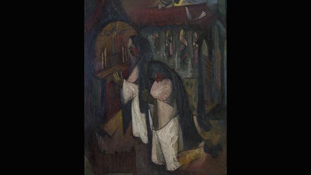 Bhanu Athaiya’s autobiographical notes suggest that this painting, of a nun kneeling before an altar (circa 1950) may have drawn on memories from her days as a student at the JJ School of Art in Mumbai, when she lived at a hostel run by a Catholic religious order. This oil-on-canvas, Prayers, she had displayed at an exhibition in 1953, alongside works by members of the Progressive Artists Group. (Courtesy Prinseps.com)